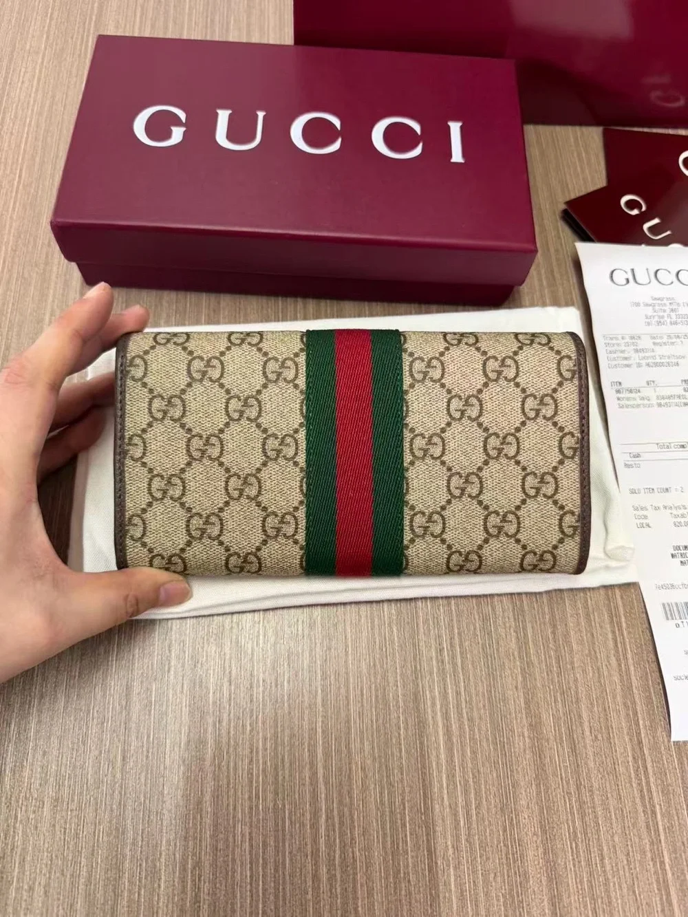 Gucci Beige GG Supreme Canvas Wallet with Green and Red Web